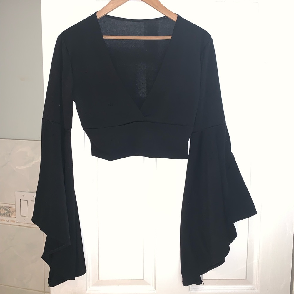 Cropped V-neck Shirt with Flared Sleeves